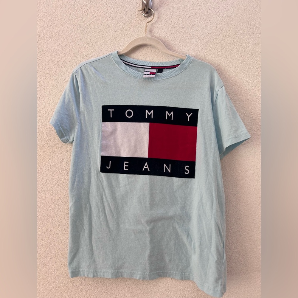Tommy Hilfiger Tommy Jeans Blue Velvet Logo Short Sleeve Shirt Size M